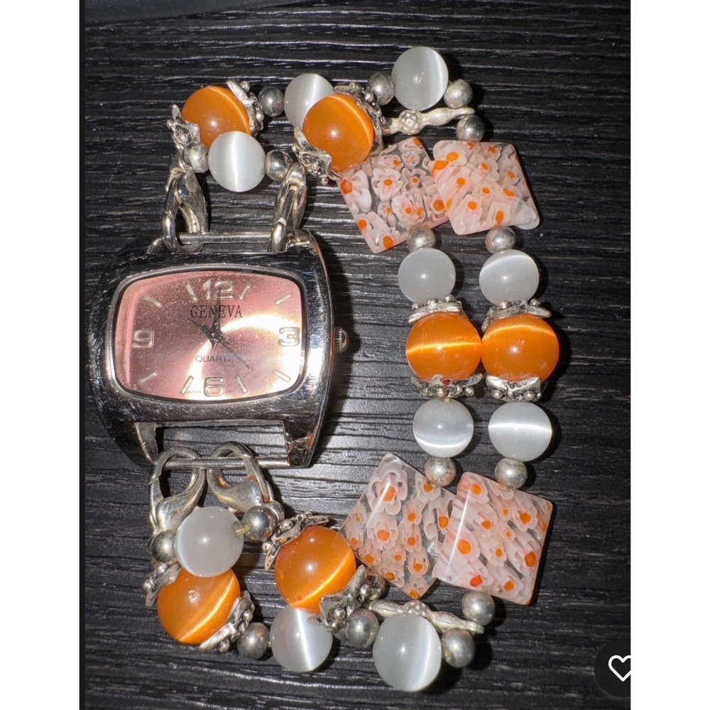 Geneva Quartz Watch Pink Face Orange White Beaded Bracelet Charm Women